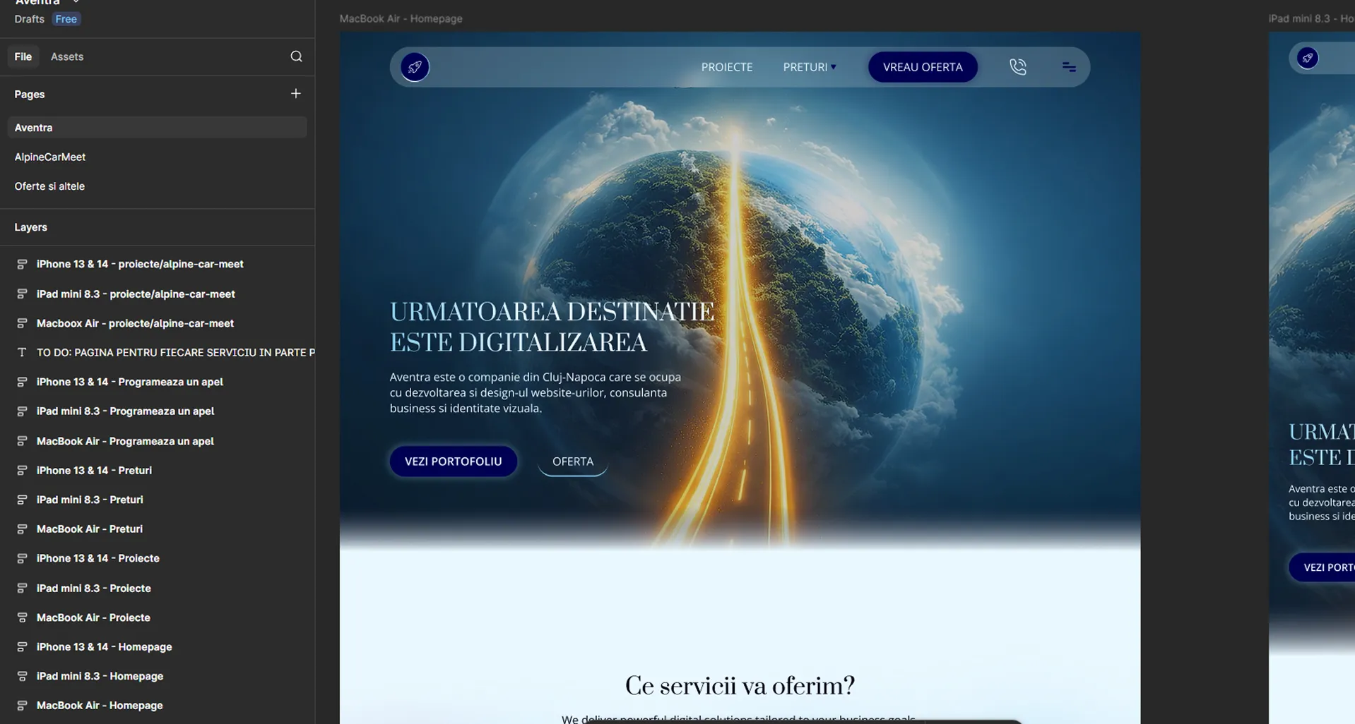 Screenshot din Figma in timpul procedurii de design web